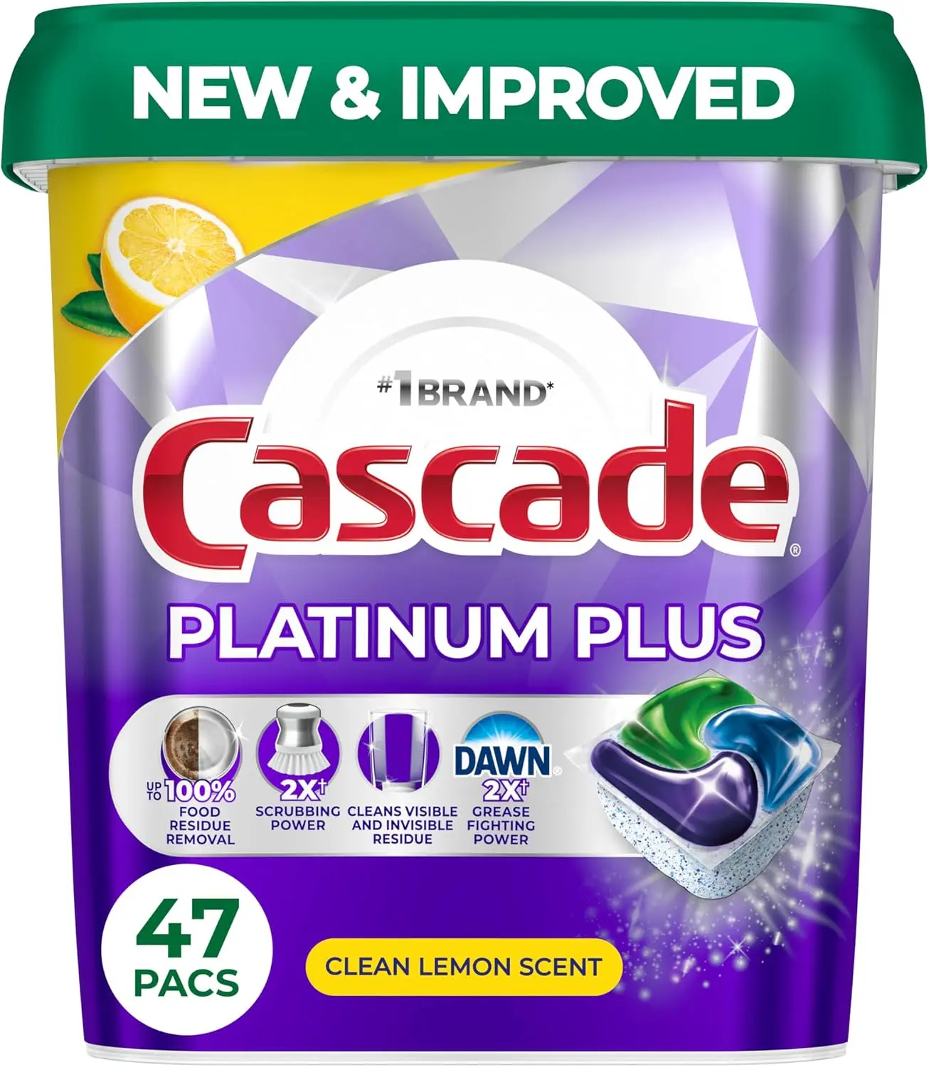 Cascade Platinum Plus Dishwasher Detergent Pods, Lemon, 47-Count Pack