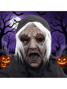 One-size Halloween costume mask — old lady mask with pale hair and headscarf, hollow eyes; men’s masquerade mask for Halloween party