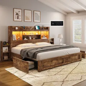 [Ships in 2 Boxes] [Summerwins] ALBOTT LED Bed Frame with 49.6"Tall Bookcase Headboard&4 Storage Drawers, Platform Bed with Charging Station&2 Slide Bedside Shelf, Apartment Furniture/Unique Bedroom Furniture/Christmas Gifts