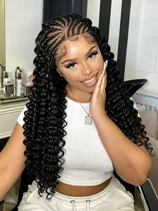 13x6 HD Lace Fulani Braided Wig, Curly Ends for Women, Glueless Stitch Feed-In Braids, Natural Boho Goddess Braids