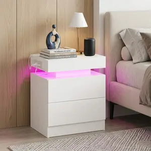 Multi-functional Night Stand Built-in Charging Station Soft LED Night Light Spacious Storage Drawer Stylish Modern End Table Portable Bedside Cabinet Home Decor Furniture for Indoor Daily Use