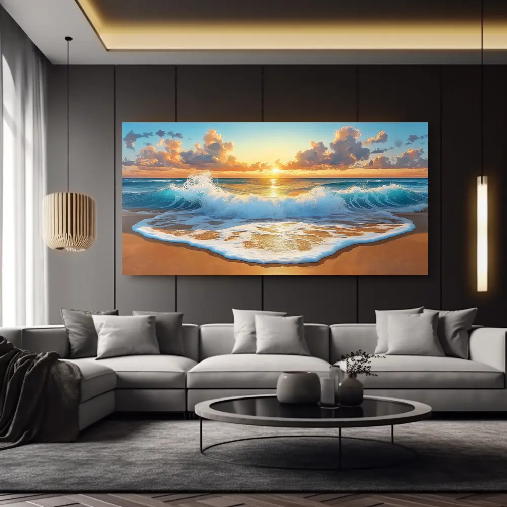 Artistic Large Pine Wood Framed Canvas Wall Print - 24×48×0.75in (60×120×1.9cm) Decorative Seascape Sunset Landscape, High-Quality Home Decor for Living Room, Bedroom