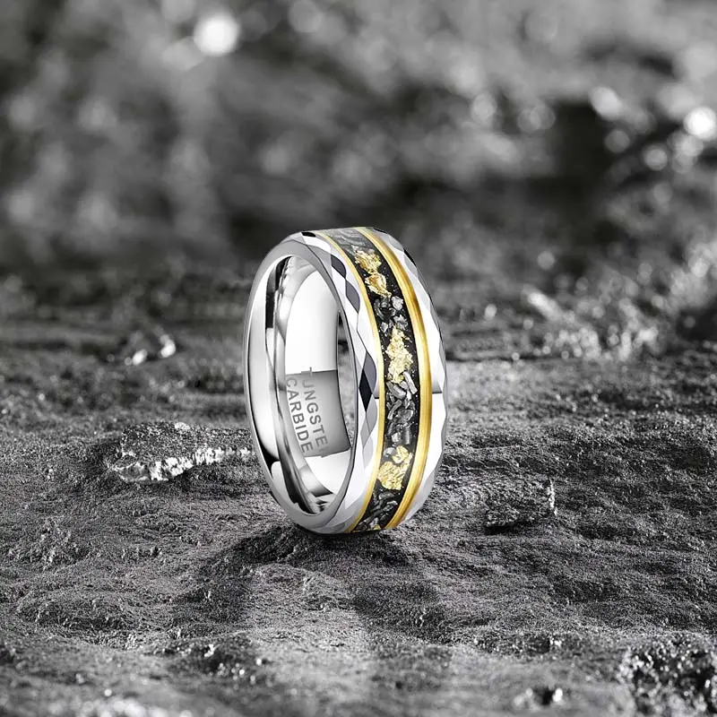 Men's Luxury Tungsten Ring - Patterned Wedding Band, Durable Comfort Fit Jewelry for Everyday Wear, Tungsten Rings, 8Mm, Beveled Edge, Scratch Proof, Engagement, Male, Fade Resistant, Fully Polished, Gold Flake Inlay, Patterned Edge, Shimmering Gold Flake