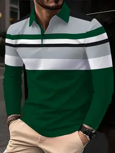 Men's Long Sleeve Polo Shirt, Colorblock Casual Fashion, Fitted Kint Fabric, Moderate Thick, Fall & Winter Outdoor Daily Wear