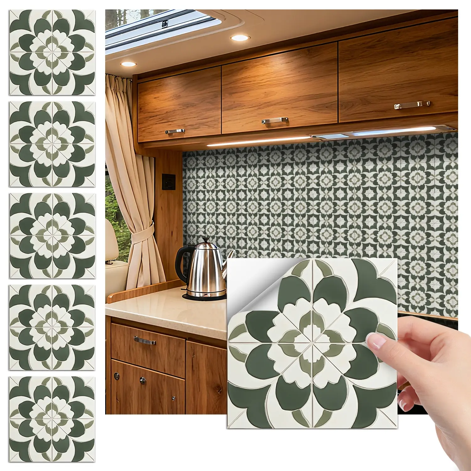 24PCS/Box FHZ Classic Art Tile Stickers | Retro Geometric Dark Green Pattern Matte PET | Peel & Stick Waterproof Oil-Proof Kitchen Backsplash Decor