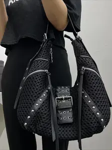 Ladies' fashionable spicy girl large capacity mesh splicing shoulder bag, Y2K rivet shoulder strap retro street style city bag bucket bag, adjustable shoulder strap, crescent bag, multi pocket crossbody bag, suitable for daily use and commuting