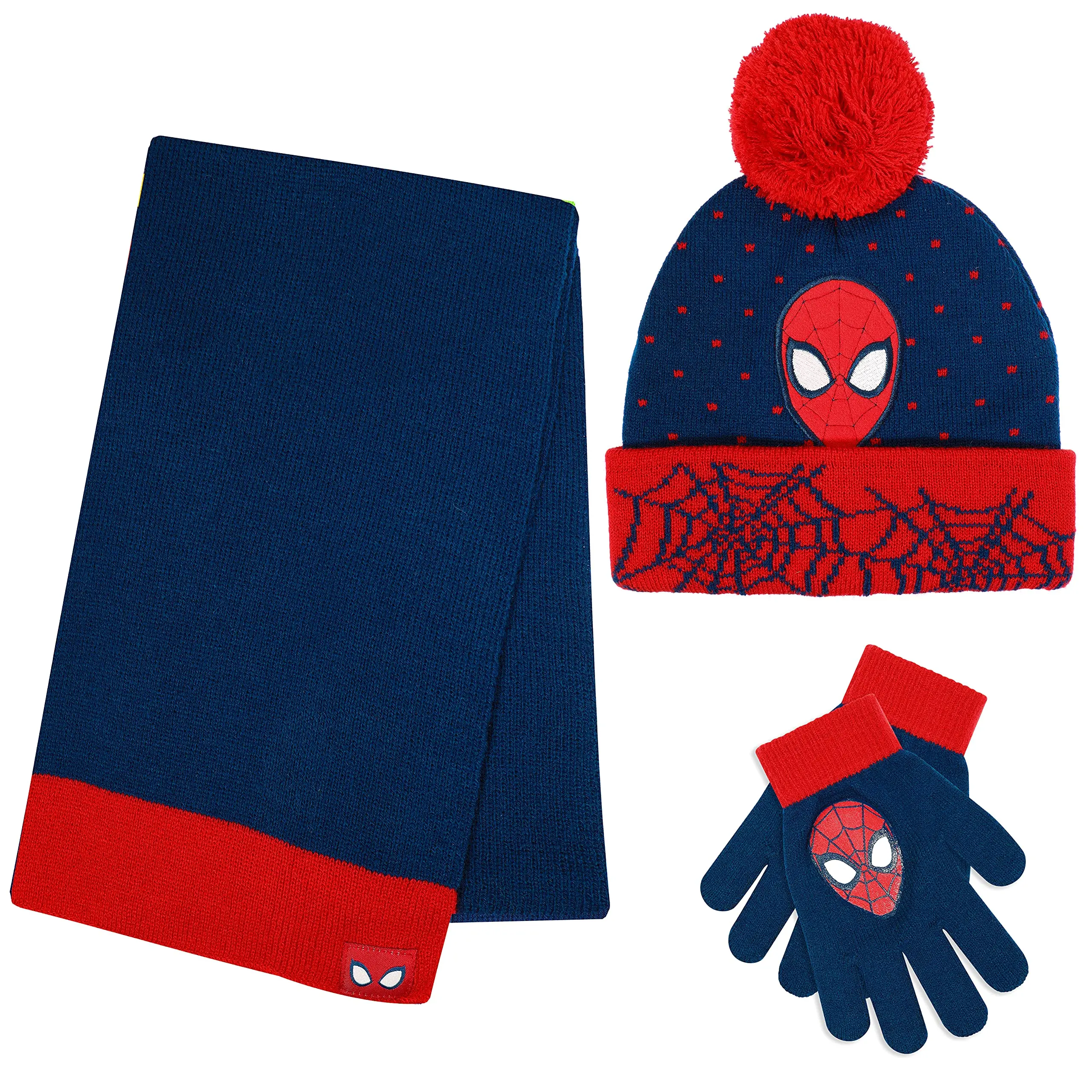 Marvel Spider-Man Kids' 3-Pc Winter Warm Accessory Set for Boys, 3-4 Years Toddlers - Pom-Pom Beanie, Snow Gloves, Scarf, Accessories, 3 Pc Set