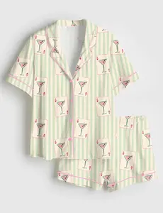 Women’s Dirty Martini La Dolce Vita Summer Cocktail Martini Lover Print Short Sleeve Silk Satin Pajama Set Soft Sleepwear