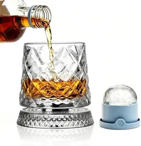 Spinning Whiskey Glasses  With Iceball Molds, 9.5oz Lead-free Rotating Old Fashioned Rocks Glasses for Bourbon, Scotch, Liquor and Cocktails, Gifts for Whiskey-lovers