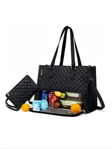2-Piece Set Diamond Pattern Tote Bags, Large Capacity Commuter Bag, Waterproof Lunch Box Storage Bag, Insulated Handbag Shoulder Bag