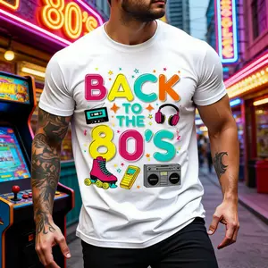 Plus Size Men's 80s Retro Graphic T-Shirt - "BACK TO THE 80'S" Neon Print with Cassette, Boombox, Roller Skate & Phone, Regular Fit Short Sleeve Tee, Ideal for Retro Parties & Casual Streetwear, Machine Washable