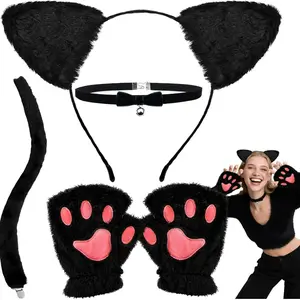 Cat Costume for Women - Black Cat Ears Headband Woman, Tail, Bell Choker & Gloves - 4 Pack, Halloween Cosplay Costume Outfit Accessories for Adult