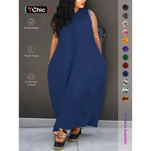 Women's solid drawstring hooded vest, summer casual basic pocket sleeveless dress, fashionable women's daily clothing, casual chic dressRAIMENTRY