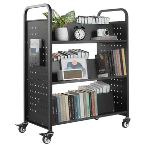 【FathersDayGift】VEVOR Rolling Library Book Cart, 330 lbs Capacity, 38.2 x 20.3 x 48.2-Inch Library Cart, Double Sided W-Shaped Shelves with 3-Inch Lockable Wheels, Book Truck for Home Shelves Office and School, Black