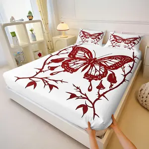 Butterfly Thorn Paper Cut Fitted Sheet Set, 1 Fitted Sheet + 2 Pillowcases, Gothic Dark Aesthetic, Elasticated Bed Linen