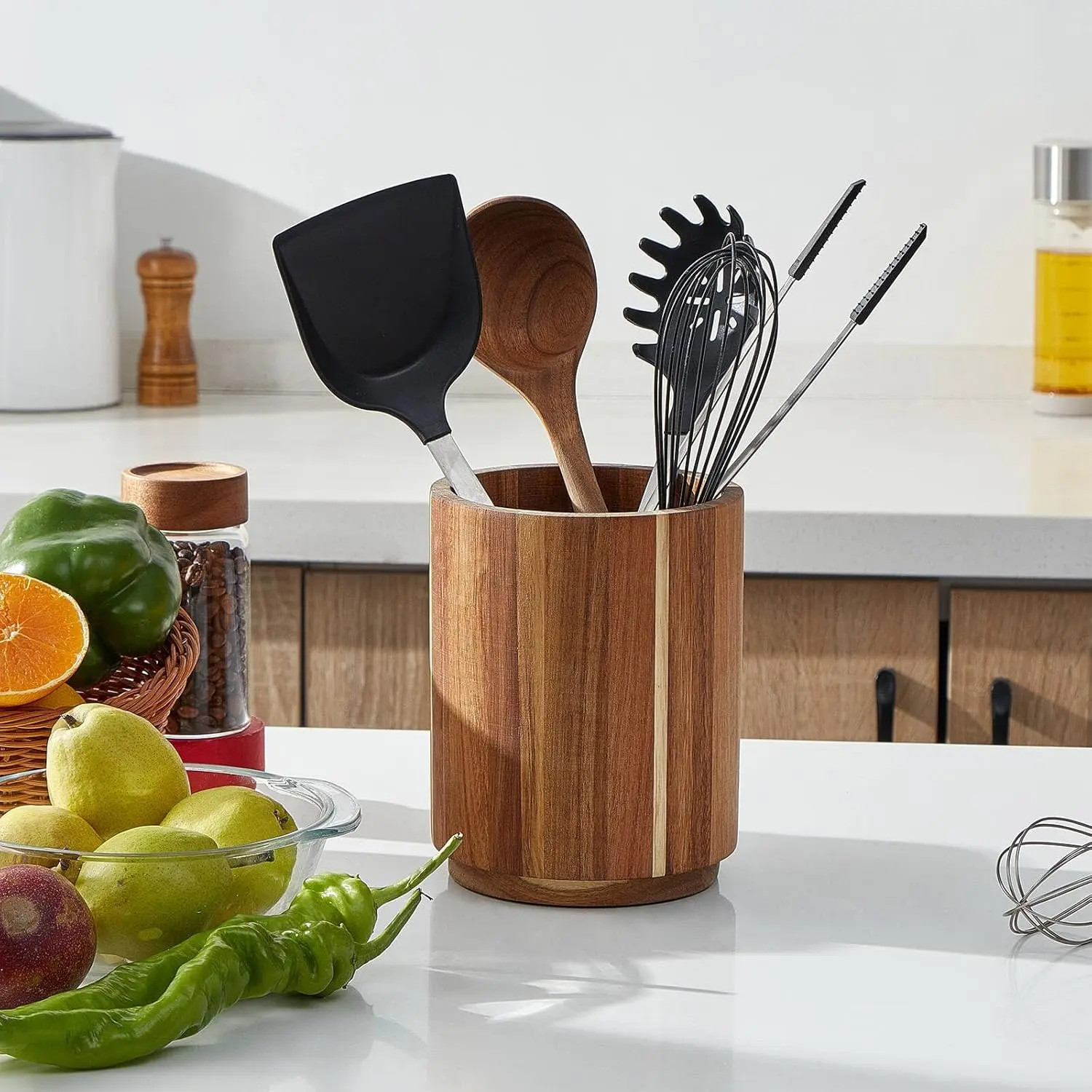 Thick Sturdy 7.2" H x 5.9" W Acacia Wood Utensil Holder, 360° Rotates Tabletop Kitchen Organizer, Easy-to-Clean Natural Wood Grain Farmhouse Counter Storage Crock