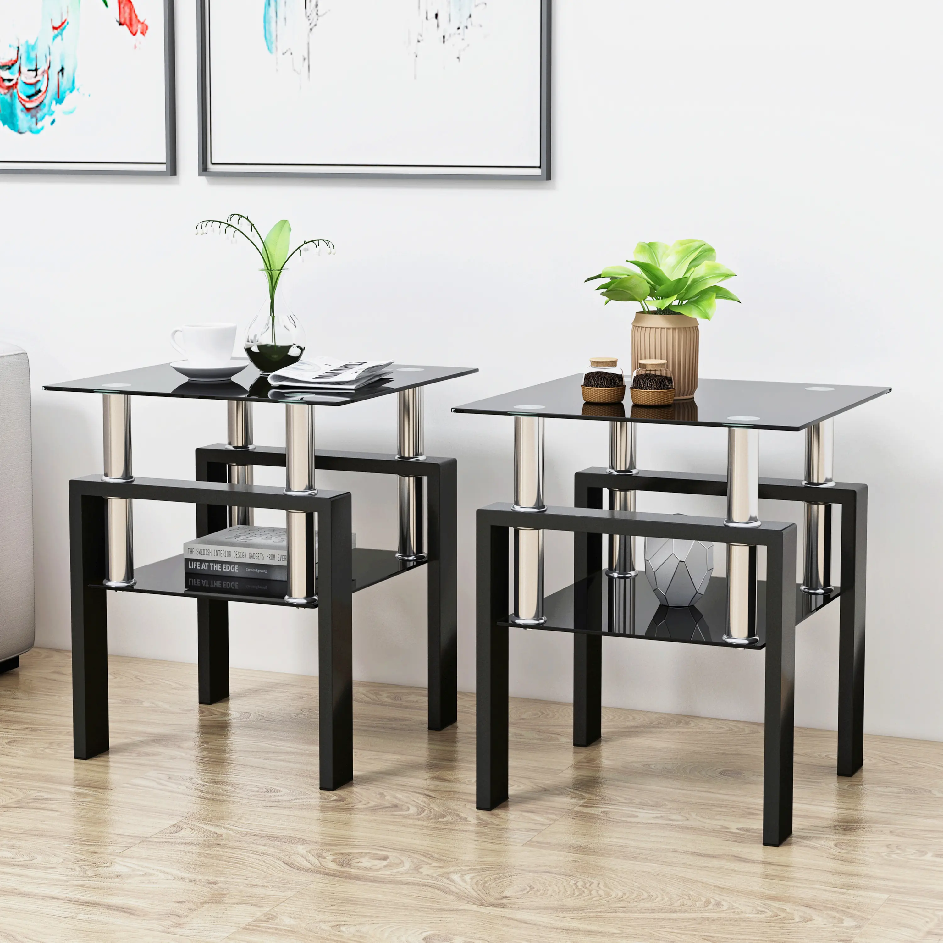 Minimalist Black Tempered Glass Square Coffee Table - 1-Piece or 2-Piece Indoor Set with Metal Legs, Easy Cleanup, Simple Setup, Multi-Functional Living Room End Table summerwins,