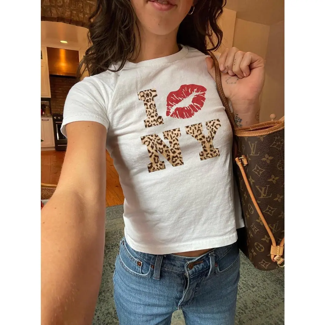 Le0pard Print New York Y2K Baby Tee, I Love NY Shirt, Trending Pinterest Shirt, 90s Style Graphic Baby Tee, Downtown Girl, Kisses