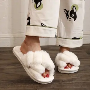 Women's Crossed Strap Fluffy Slippers Soft Warm Furry Home Shoes Open Toe Comfortable Outdoor Wear Breathable White
