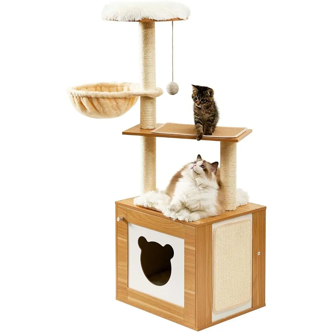Made4Pets Cat Tree with Litter Box Enclosure, 2-in-1 48.6" Wood Kitten Condo with Scratching Post and Hammock, Removable Scratch Pad cattree Climbing