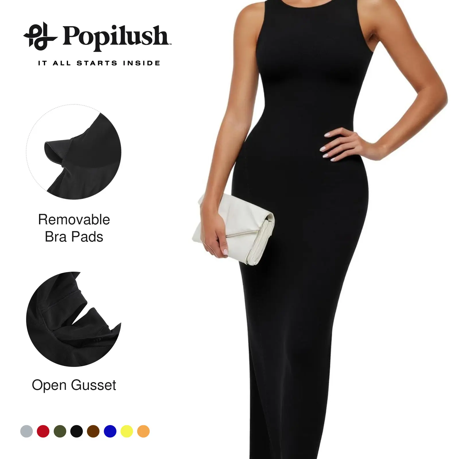 Popilush Sleeveless Crew Neck Maxi Shapewear Dress Casual Womenswear Popilush Sleeveless Crew Neck Maxi Shapewear Dress Casual Womenswear
