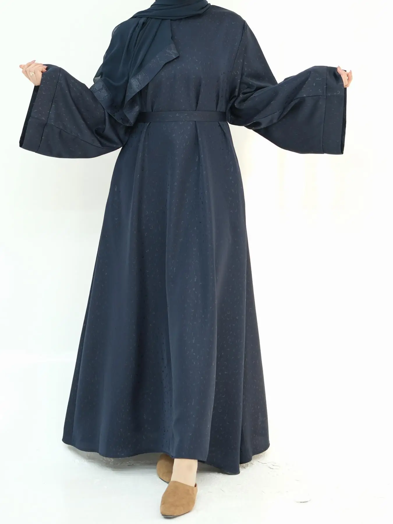 Women's Ethnic Pattern Embroidered Belted Dress, Modest Long Sleeve Dress for Daily Wear, Women's Islamic Clothing for All Seasons