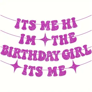 Its Me Hi Im The Birthday Girl Its Me Banner, NO-DIY Glitter Iridescent Taylor Singer Birthday Decorations Banner, Its A Girl Garland for Taylor Singer Party, Per-strung Hot Pink Girls Birthday Banner, Party Decoration Supplies