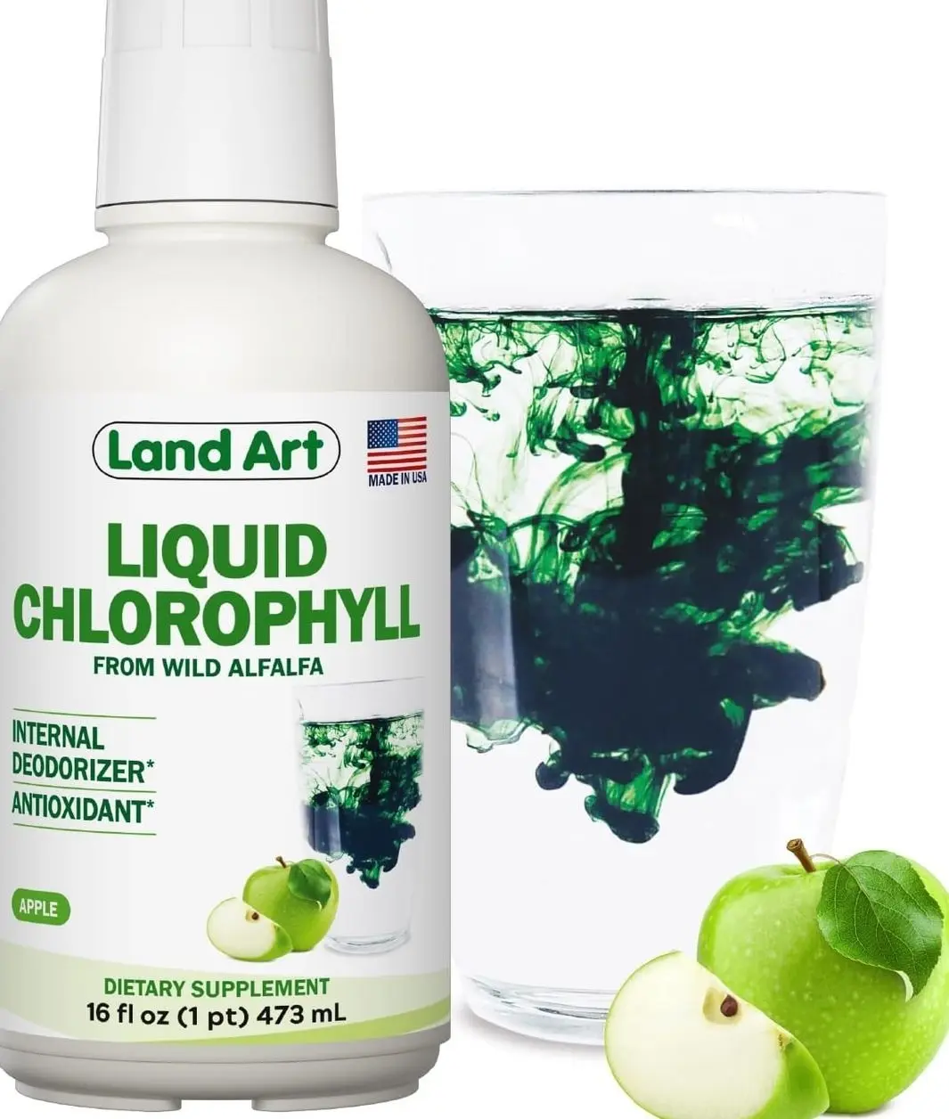Liquid Chlorophyll Apple Flavored – Cold Extracted from Wild Non-GMO Alfalfa - Alkaline - Natural Body Deodorant – Antioxidant - 16 fl oz