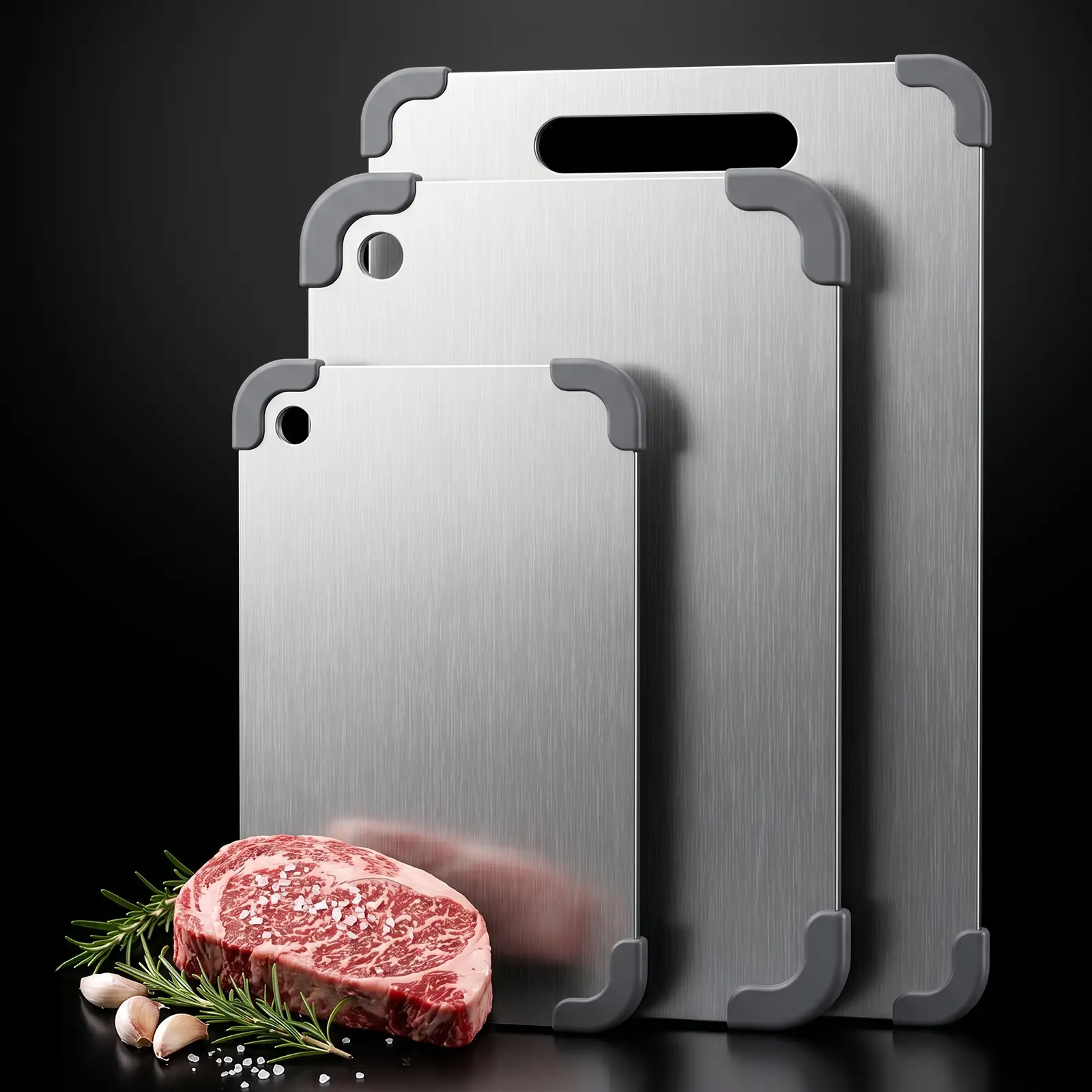 LOVEWE Premium 304 Stainless Steel Chopping Board Set - Sturdy, Durable Kitchen Board with Non-Slip Silicone Base, Easy to Rinse and Maintain for Everyday Kitchen Tasks, Three Size Options