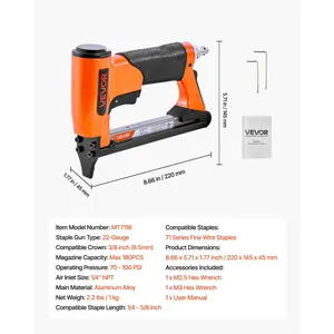 Summervibes VEVOR Pneumatic Staple Gun, 22 Gauge Air Upholstery Stapler for 71 Series Fine Wire Staples 3/8 Crown 1/4-5/8 Length, Max 180PCS Loading Air Staple Gun for Upholstering, Woodworking, DIY Projects