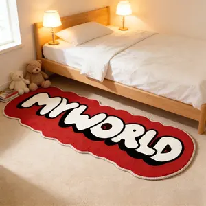 Red and white MYWORLD bedroom decoration bedside carpet graffiti letters wavy edge living room sofa carpet American retro gaming room swivel chair carpet washable kitchen bathroom entrance door non-slip floor mat Decorative Area Rug