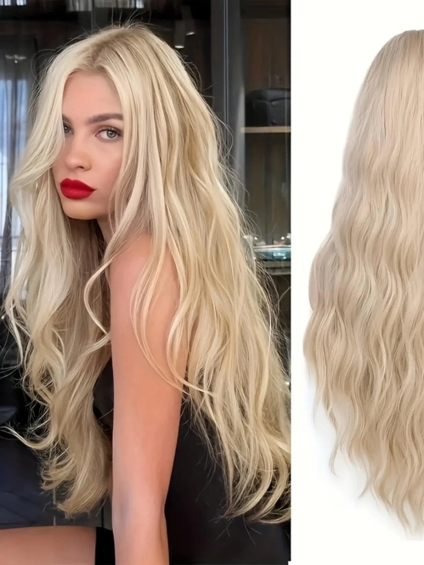 Elegant Wavy Blonde Wig, 4x1 Lace Front, Platinum, 30 Inches Center Part, Heat Resistant Synthetic, Adjustable Strap, All Occasions