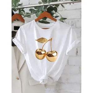 2026 Spring/Summer New Women'S Crew Neck Golden Cherry Print Casual T-Shirt |   Fashionable Cool Short Sleeve for Summer
