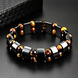 1 Fashionable Double Hematite & Tiger's Eye Bracelet — Unisex Stone Jewelry for Protection and Style