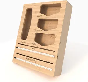 Bamboo Drawer Organizer for Ziplock Bags - Foil and Plastic Wrap Organizer Meal Prep Bag for Food Packet - Storage Holder Plastic Wrap Dispenser with Cutter Aluminium foil Kitchen Organizer