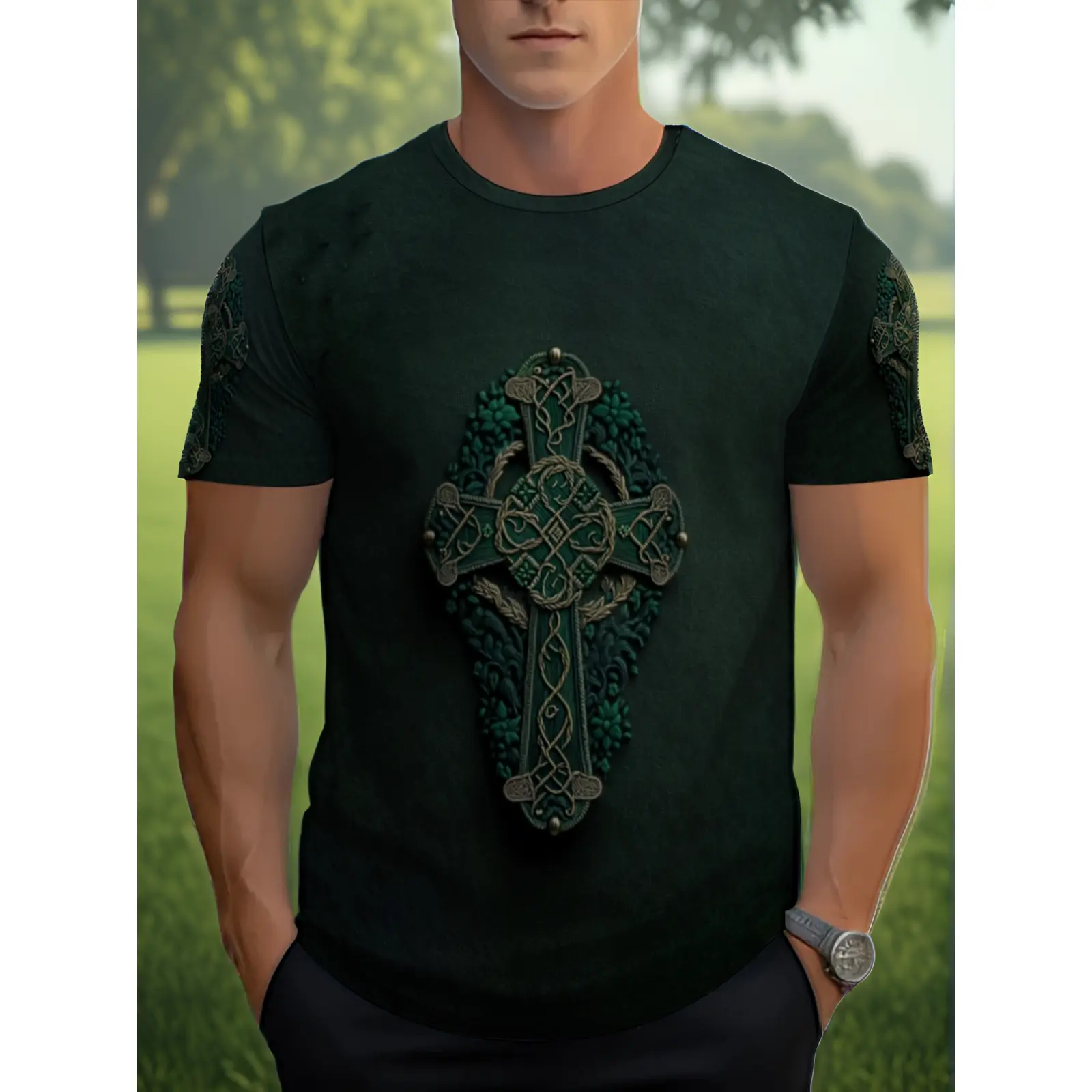 Men' Celtic Cross T-Shirt Dark Green 3D Full-Body Print Suitable for Casual Attire, Casual Short Sleeve Tee with Celtic Symbol Design, Machine Washable Round Neck Shirt for Irish Gifts & Celtic Knot Apparel