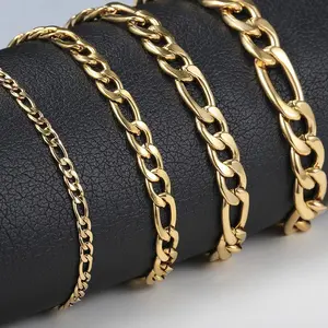 3mm-9mm 14K Gold Plated Stainless Steel Figaro Curb Link Chain Bracelets for Men Women Classic Jewelry