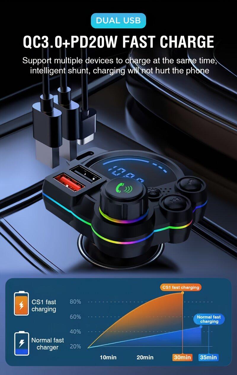 PD 30W Type-C Car Charger & Bluetooth 5.3 FM Transmitter, Wireless MP3 Player with Dual USB Ports, Bass Sound Enhancer, RGB Glowing Radio Adapter, Hands-Free Calls, Car Accessories & Road Trip Essentials, Compatible with 12V-24V PD 30W Type-C Car Charger & Bluetooth 5.3 FM Transmitter, Wireless MP3 Player with Dual USB Ports, Bass Sound Enhancer, RGB Glowing Radio Adapter, Hands-Free Calls, Car Accessories & Road Trip Essentials, Compatible with 12V-24V