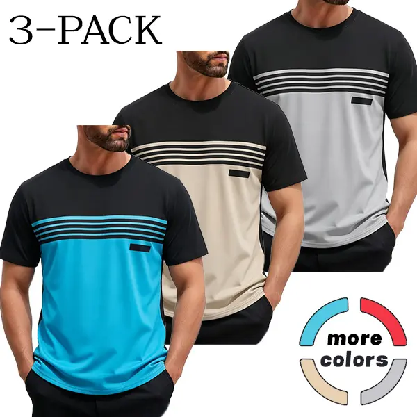 Men’s Athletic 3-Pack Color-Block Striped Ice Silk Breathable T-Shirts, Suitable for Running, Daily Commuting, Casual Wear
