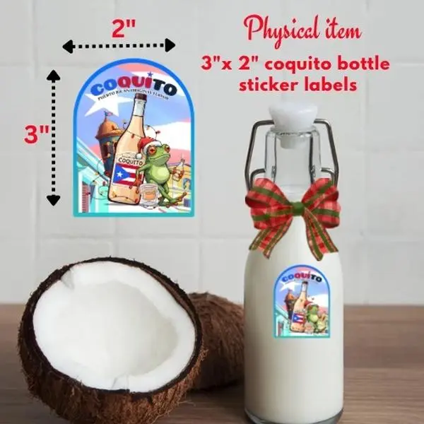 Coquito Brand 3x2 Coquito Bottle Labels Stickers Physical Item 2 Inch by 3 Inch Decorative Stickers for Bottles Each Order Includes 12 Stickers Festive Design for Holiday Sales or Gifts