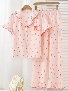 Plaid Cherry Print Pajamas Set, Short Sleeve Top and Long Pants, Sweet Comfortable Women's Homeewear, Button Front Robe with Bow Decor