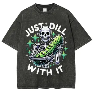Humorous Adult T Shirt Featuring a Skeleton Pickle with The Phrase 'Just Dill with It' Men'S black loose short-sleeve T-shirt loose comfortable