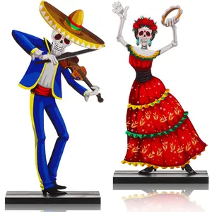 Day of the Dead Table Centerpiece Decorations Wooden Sugar Skull Couple Desktop Decor for Dia De Los Muertos Altar Mexican Fiesta Halloween Party Supplies