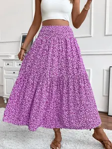Women's Floral Elastic Waist Pleated Long Floor-Length Skirt, Stylish and Comfortable, Perfect for Casual and Formal Occasions