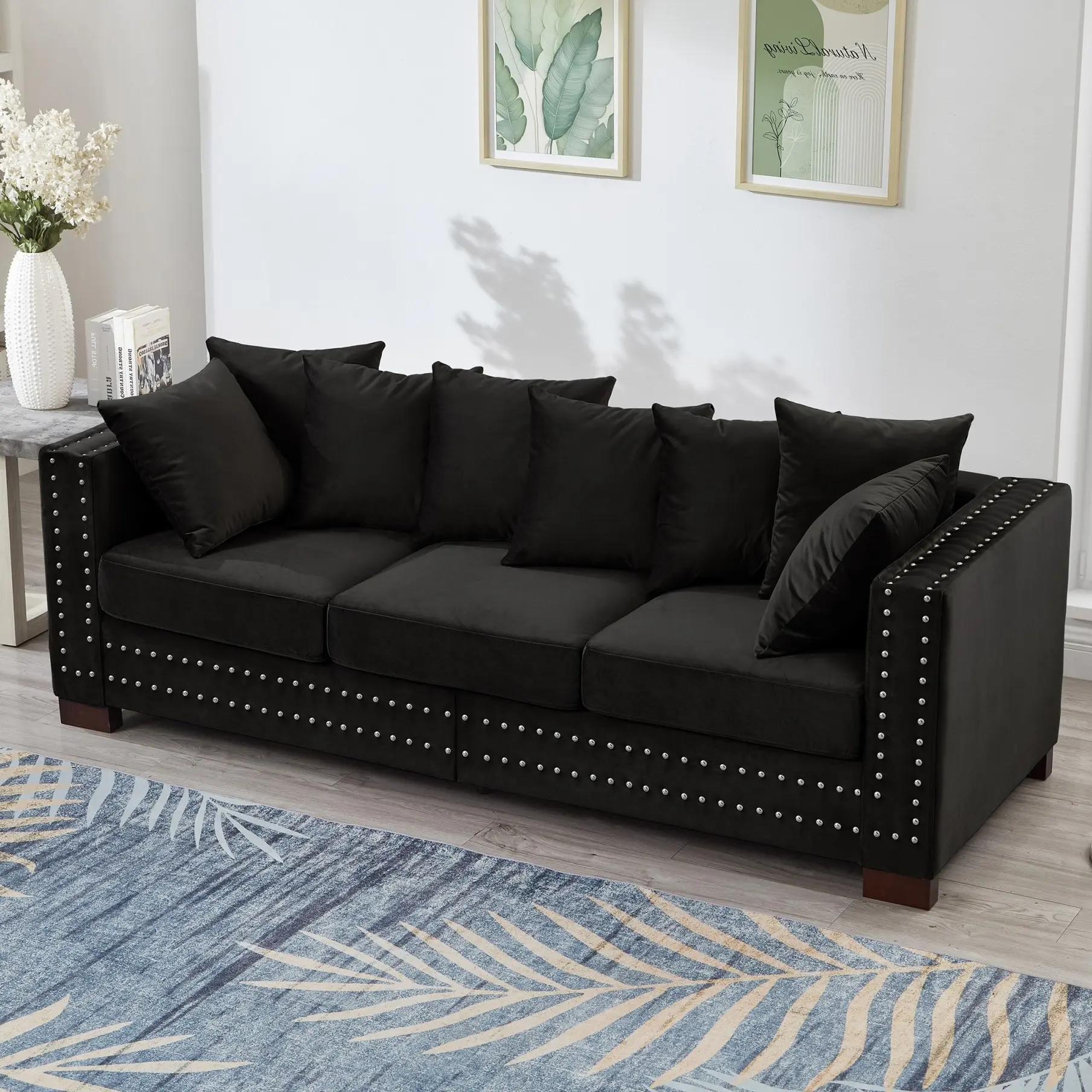 Eyisean 85" Velvet Modern Loveseat Sofa for Living Room, 3-Seater Upholstered Tufted Couch with Nailhead Arms & Pillow, Removable/Washable Cushion Cover, Cloud Couch with Seat Storage Space, Living Room Decor, Furniture Living Room