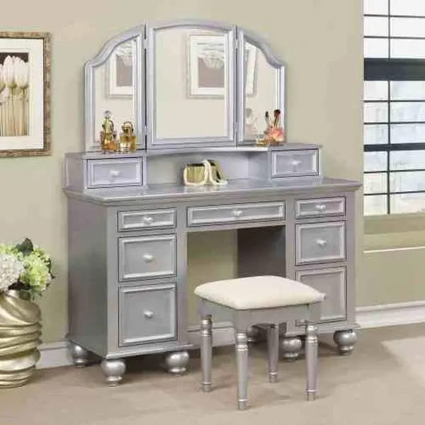 1pc Transitional Style Makeup Vanity with Stool Set - Silver Finish, Knob Handles, Storage Drawers, 3-Sided Mirror, Bedroom Indoor Furniture