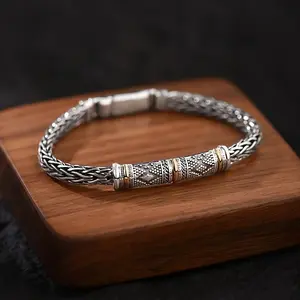 S925 Sterling Silver Braided Men’s Bracelet, Retro Two-Tone Engraved Silver Chain with Gold Accents for Casual & Formal Wear