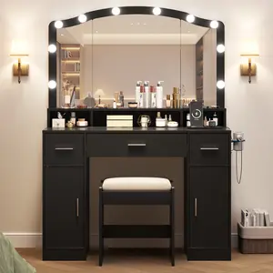 Black/White LED Lighted Vanity Desk for Girls & Women Makeup Table with 10 Adjustable Lights Mirror Charging Station 3 Drawers 2 Cabinets Cushioned Stool Modern Bedroom Vanity Furniture Easy Assembly