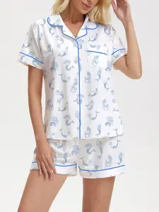 Cute Mermaid Print Women's Sleepwear Set, Casual Loose Fit Short Sleeve Top and Elastic Shorts, Spring Summer Home Wear