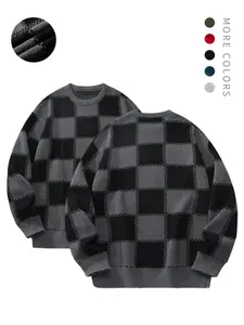 Unisex Casual Plaid Knit Sweater, Soft Loose Pullover, Winter Warm Pullover, Round Neck Long Sleeve, Comfortable Winter Wear, Olive Option Available